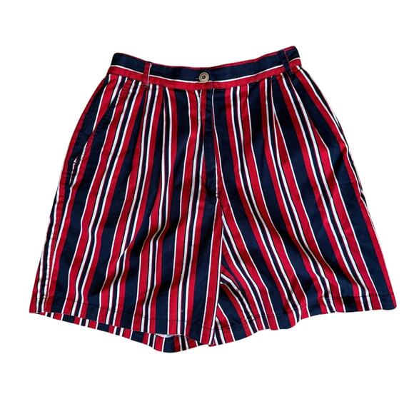 Vintage Pleated Bermuda Shorts Women’s Size Small Navy Blue Red Stripe 90s - Picture 1 of 4